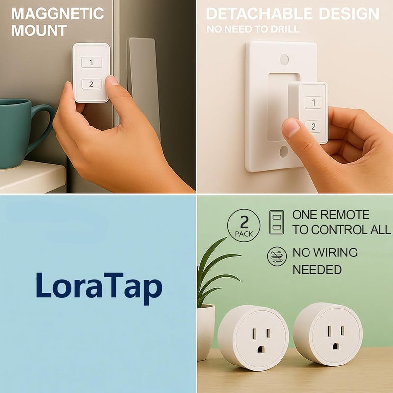LoraTap Mini Wireless Remote Control Outlet Plug Adapter (2 Pack) with Remote, 2 Channel Wall Switch, 656ft Control Range for Indoor Lamps and Home Appliances, No Hub Required, 10A/1100W, White - Image 4